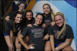 St. Ursula seniors, from left, Emma Romstadt, Cassidy Croci, Katie Felix, Erin Williams, Madison Strall and Madison Haupricht hope to lead the Arrows to a second straight Division I state volleyball championship. The Arrows (27-0) play Cuyahoga Falls Walsh Jesuit at 2 p.m Friday in the state semifinals.