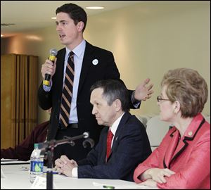 From left: 9th Congressional District candidates Graham Veysey, Dennis Kucinich and Marcy Kaptur debate during the NAACP Candidates Forum at Ebenezer Baptist Church in Sandusky, Ohio.