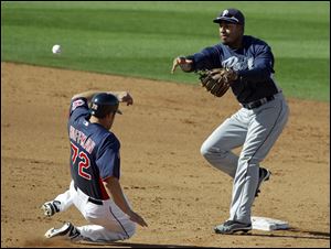 San Diego Padres second baseman Jonathan Galvez, right, throws over Cleveland Indians' Chad Huffman to complete a double play on Indians' Jose Lopez in the sixth inning of a spring training baseball game on Saturday.