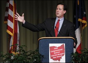 GOP presidential candidate Sen. Rick Santorum speaks during the Lincoln-Reagan Day Dinner at BGSU in Bowling Green, March 3.