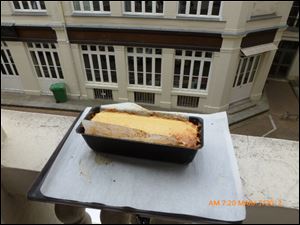 A salmon and whitefish terrine sits on a window ledge to cool.