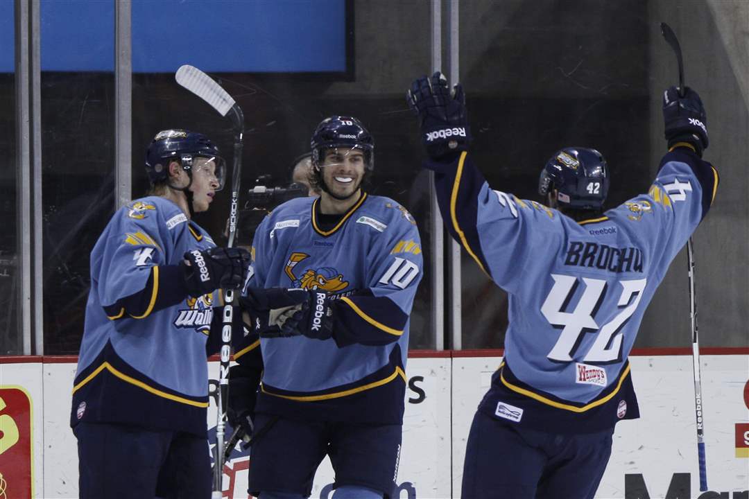 Toledo-Walleye-player-Kyle-Page-4-David-Gilbert-10-and-Derek-Brochu-42