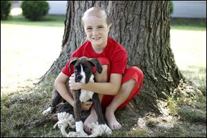 Austin Good, 8, hugs his 10-week-old boxer, Duke. He wanted a puppy even though he was severely attacked last year by two boxers owned by his dad's best friend.