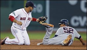 Detroit Tigers Quintin Berry, right, steals second base as Boston Red Sox shortstop Mike Aviles covers during the third inning Thursday.