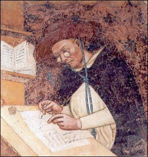 The oldest depiction of eyeglasses can be found in this fresco by Tomaso da Modeno, in 1352 in the hall of the church of san Nicolo in Treviso, Italy.