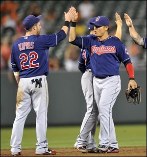 Cleveland Indians' Jason Kipnis, left, and Shin-Soo Choo celebrate the Indians' 7-2 win over the Baltimore Orioles Thursday.