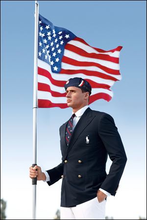 Swimmer Ryan Lochte models  the opening ceremony uniforms, which were made in China.