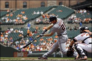 The Tigers' Brennan Boesch doubles in the second inning on Sunday. He scored on a single by Jhonny Peralta to put the Tigers up by two.