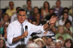 Presumptive GOP presidential nominee Mitt Romney tells the audience at the Bowling Green Community Center that President Obama’s priority is not to create jobs, but to keep his own.