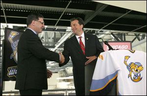 Mark Bernard, the Chicago Blackhawks general manager of minor league affiliations, left, while announcing an affliation agreement with the Toledo Walleye on Aug. 5, 2009. Bernard said the relationship has been mutually beneficial.
