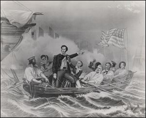 Many paintings, including this one, depict Oliver Hazard Perry during the battle. But the replica of the pulling boat won't be an exact imitation of an artwork.
.