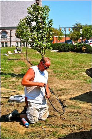 Craig Losey lays tubing for the irrigation system. Behind him are newly planted trees.