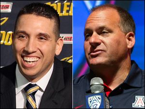 UT coach Matt Campbell, left, and Arizona coach Rich Rodriguez.