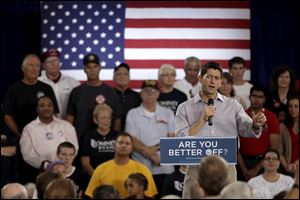 Congressman Paul Ryan, the vice-presidential nominee, presses the attack on President Obama during a campaign event Tuesday in Westlake, Ohio, a GOP enclave in heavily Democratic Cuyahoga County.