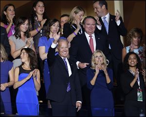 Vice President Joe Biden waves from the VIP gallery after being nominated fora second term as Vice President at the Democratic National Convention in Charlotte, N.C.