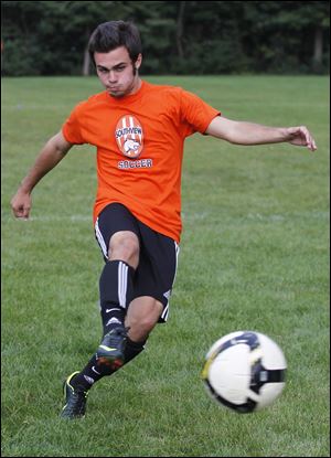 Dan Blackmar kicks to the net during soccer practice earlier this month at Southview High School in Sylvania.