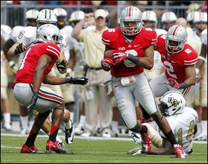 Ohio State linebacker Etienne Sabino, shown here with an interception in a game last month against Central Florida, will be out for 4 weeks. 