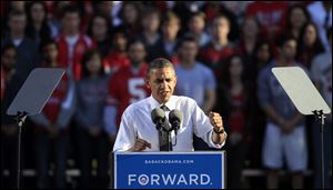 President Barack Obama speaks during a campaign event today on the campus of Ohio State University.