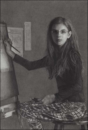 Leslie Adams (American) Portrait of the Artist as a Young Girl. Charcoal on paper, heightened with white.