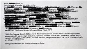 This is a redacted copy of one of three emails obtained by The Associated Press discusses the attack of the Benghazi, Libya mission. 