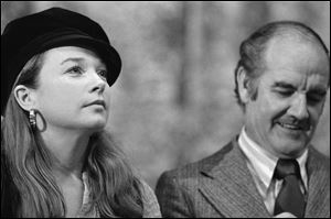 In this May 23, 1972 file photo, actress Shirley MacLaine, left, joins Sen. George McGovern in political discussions while the two appeared at the University of Oregon.