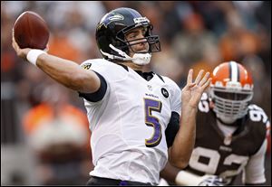 Baltimore Ravens quarterback Joe Flacco (5) passes against the Cleveland Browns in the fourth quarter of an NFL football game in Cleveland.