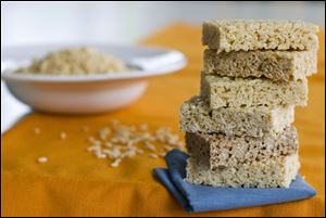 Rice Krispies Treats from top to bottom: My Essentials Crispy Rice Toasted Rice Cereal, Erewhon Crispy Brown Rice,  Market Basket Crispy Rice Cereal, Kellogg’s Gluten-Free Rice Krispies, EnviroKidz Organic Koala Crisp Cereal and Kellogg’s Rice Krispies.