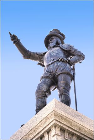 A statue of Spanish explorer Ponce de Leon stands at the foot of the Bridge of Lions in St. Augustine  Plaza de La Constitucion. On April 2,  St. Augustine will unveil another statue of de Leon located at the exact latitude logged by his ship the day before he claimed what he called La Florida as a Spanish territory in April, 1513.