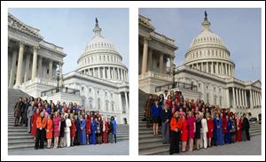 This combo of two photos shows, at left, an Associated Press photo taken Jan. 3, 2013 of House Minority Leader Nancy Pelosi posing with female House members on Capitol Hill in Washington, and at right, a screen grab from Pelosi's Flickr page of an altered photo of Pelosi with female House members on Capitol Hill in Washington. Pelosi is defending the altered picture that was posted on her Flickr social media site.