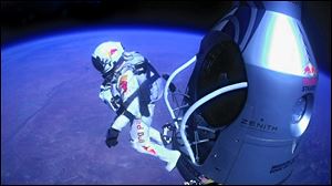 Felix Baumgartner jumps out of the capsule during the final manned flight for Red Bull Stratos. In a giant leap from more than 24 miles up, Baumgartner shattered the sound barrier with a death-defying plunge from a balloon to a safe landing in the New Mexico desert.