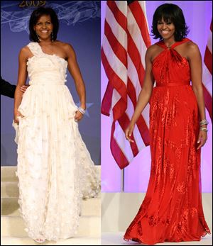 First lady Michelle Obama as she arrives at the Inaugural Ball in Washington on Jan. 21, 2009, left, and Jan. 21, 2013, right. Mrs. Obama made it a fashion tradition Monday night, wearing a custom-made Jason Wu gown to the inaugural balls. 