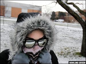 ‘This is my protecting-my -vocal-cords face,’ Janina Bradshaw, a musical theater student, said as she made her  way to class at Bowling Green State University.