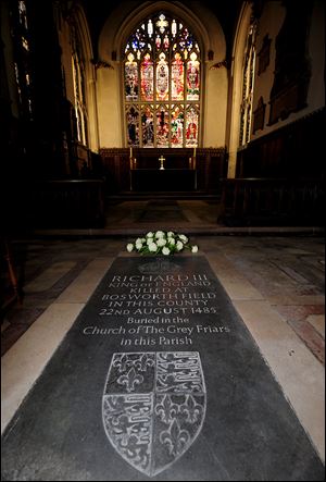 A general view of a memorial stone to King Richard III, inside Leicester Cathedral, England, Monday. 