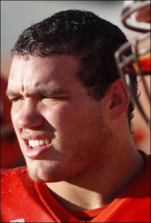 Chris Jones, of the BGSU defense, watches a play.