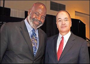 Mayor Mike Bell, left, and Allan Block at the Toledo Auto Show Gala, Wednesday at the SeaGate Convention Centre.