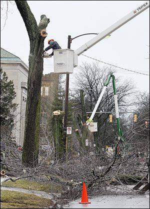 Richard Marshall, front, and James Hooks, back, of the Toledo Parks and Forestry Division cut down trees along Collingwood Boulevard, north of Bancroft Street, on Jan. 30. Federal officials have ordered a halt to tree cutting — part of a road project along Collingwood — saying that a review of the project’s final plans is incomplete.