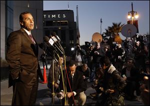 Los Angeles Mayor Antonio Villaraigosa makes comments about the shootout scene in Big Bear that allegedly involves ex-Los Angeles police officer Christopher Dorner, during a news conference today in front of the Police Administration Building in Los Angeles.