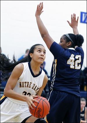 Notre Dame's Jayda Worthy goes to the basket against  Whitmer's Keshyra McCarver. Worthy leads the Eagles in scoring, averaging 13.5 points.