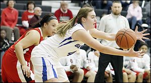 Anthony Wayne's Sara Zankl, right, and Lima Senior's Stacia Allen chase a loose ball during their Division I girls sectional Tuesday night in Tontogany. Zankl scored eight points in the Generals' loss.