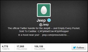 Jeep's official Twitter account had been stripped of all Jeep images and began posting offensive messages.