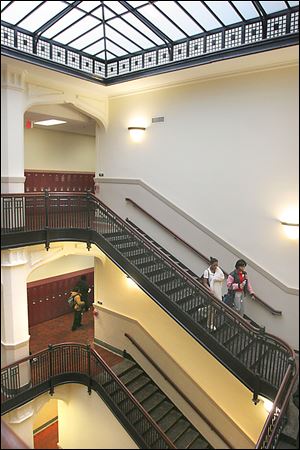 New skylights illuminate the stairways at the renovated Scott High School. The building was originally among those set for demolition, but the district revised its plans to the delight of many alumni who had hoped the building would be preserved.  