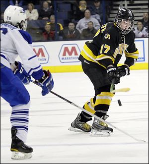 Northview senior Nick LaPlante, who had the game-winning goal, makes a pass against Olentangy Liberty in the state semifinals.