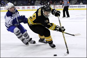 Northview senior Zander Pryor, who had two goals, controls the puck against Olentangy Liberty in Friday's state semifinal. The Wildcats will take on Shaker Heights in today’s title game.