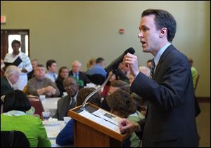 Ed Fitzgerald, the Cuyahoga County executive who is exploring a run for Ohio governor, speaks at the Lucas County Democratic Party's St. Patrick's Day luncheon at the Holy Trinity Greek Orthodox Cathedral in Toledo.