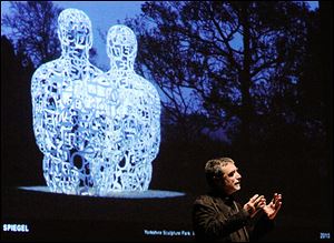 Jaume Plensa, internationally known sculptor, speaks about his piece ‘Spiegel’ in the Toledo Museum of Art’s Peristyle. The museum installed the piece last fall.