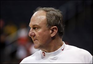 Ohio State head coach Thad Matta watches during practice at Staples Center in Los Angeles.