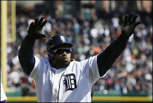 Detroit Tigers' Prince Fielder acknowledges the crowd after hiting a 3-run home run during the fifth inning.