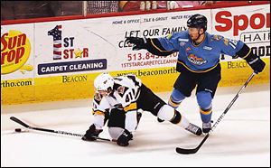 Cincinnati's Josh Birkholz, left, and Toledo's Joey Ryan battle for control of the puck. The Cyclones lead the series 3-0.