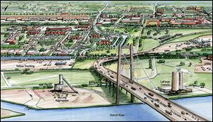 An artist’s rendering  shows the proposed New International Trade Crossing linking Detroit and Windsor, Ontario, 2 miles south of the Ambassador Bridge. 