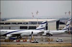 Israeli airliner El Al planes parked at Ben Gurion airport near Tel Aviv, Israel, Sunday.